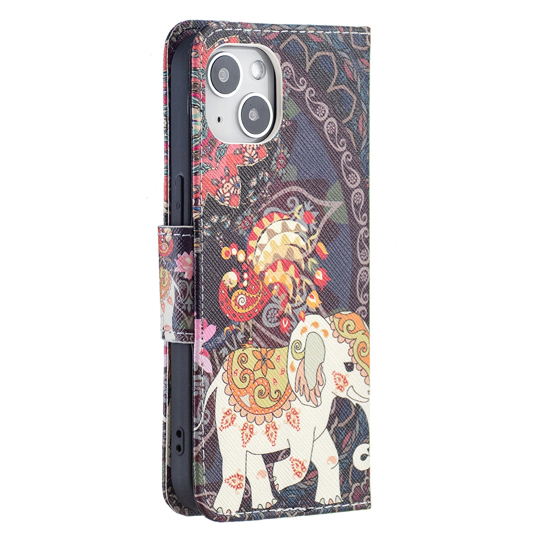 Pattern Printing Wallet Phone Case for iPhone 15 , Stand PU Leather +TPU Phone Cover - Flower and Elephant Pattern Printing Wallet Phone Case for iPhone 15 , Stand PU Leather +TPU Phone Cover - Flower and Elephant